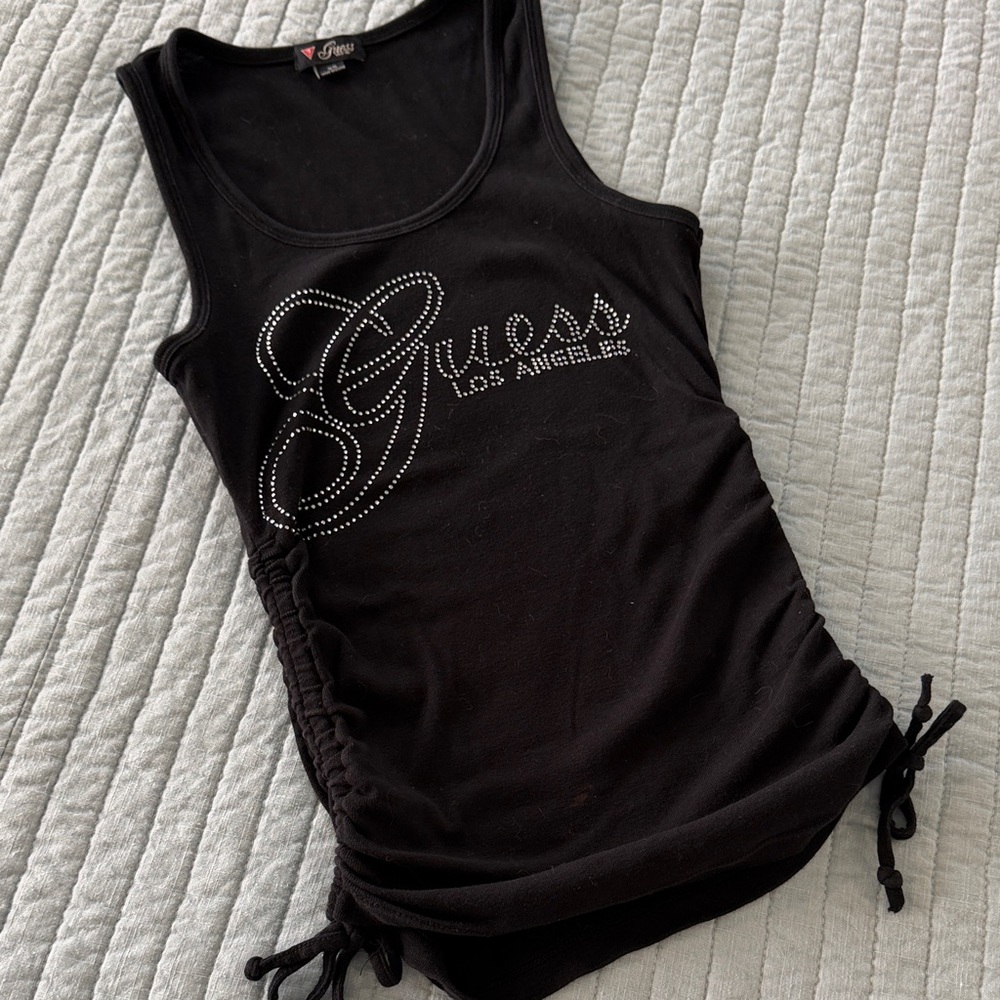 Guess Black Tank with Rhinestone Script Logo and Side Ties